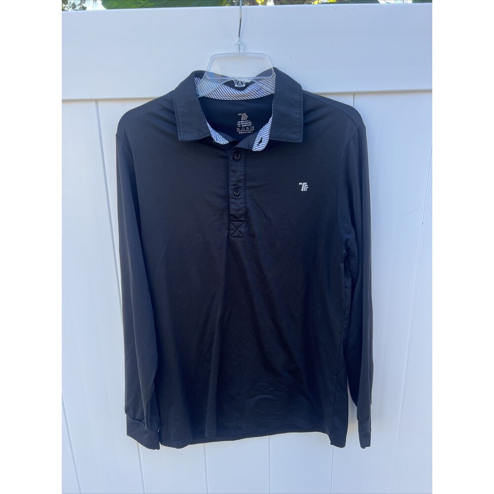 TRR Mens Activewear Golf Polo Collared Long Sleeve Solid Black Sz Small